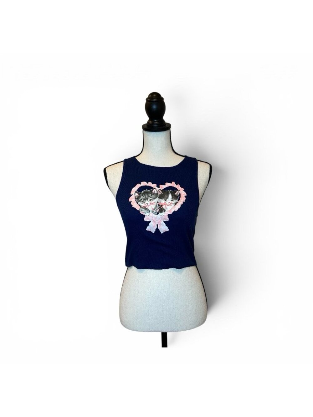 Forever 21 Tank Top Women’s Medium Blue with Kittens Heart & Bows Cropped Ribbed